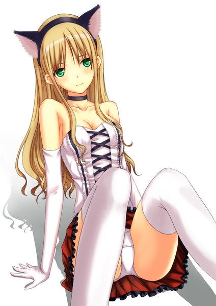 Anime picture 3035x4299 with infukun single long hair tall image highres light erotic blonde hair bare shoulders green eyes absurdres cleavage spread legs cameltoe pantyshot sitting girl thighhighs skirt gloves underwear panties