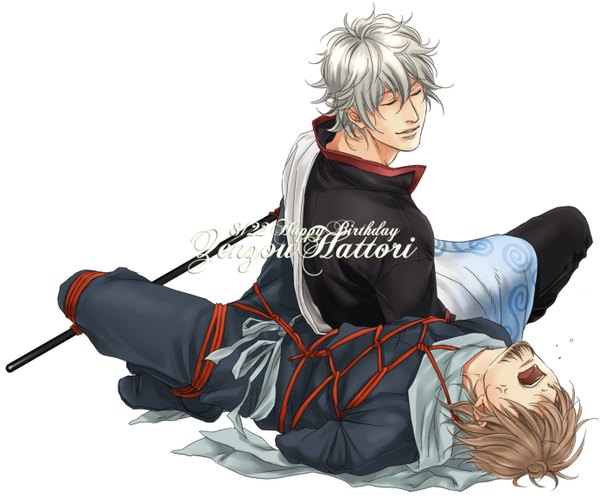 Anime picture 1388x1148 with gintama sunrise (studio) sakata gintoki hattori zenzou shiru (squip) short hair open mouth simple background brown hair white background sitting lying eyes closed traditional clothes japanese clothes looking back grey hair inscription multiple boys bondage