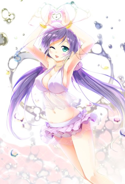 Anime picture 816x1200 with love live! school idol project sunrise (studio) love live! toujou nozomi porurin single long hair tall image breasts blue eyes light erotic white background twintails purple hair midriff low twintails girl navel swimsuit bracelet