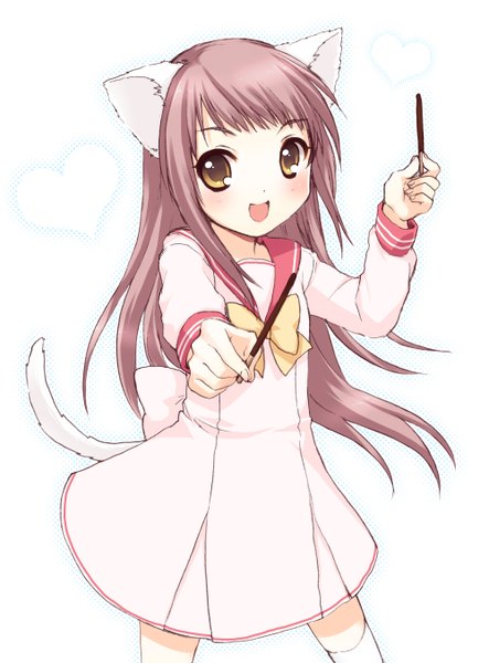Anime picture 2000x2704 with original usashiro mani single long hair tall image blush highres open mouth simple background white background animal ears yellow eyes cat ears cat girl cat tail pocky day girl thighhighs white thighhighs serafuku
