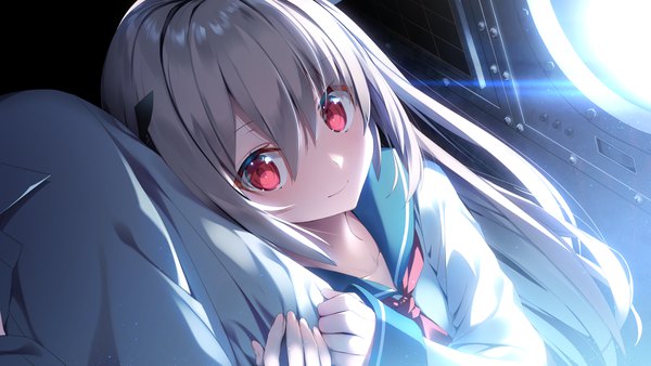 Anime picture 3840x2160 with atri-my dear moments- atri yusano long hair blush fringe highres blonde hair hair between eyes red eyes wide image looking away absurdres game cg upper body long sleeves light smile couple head out of frame arm hug