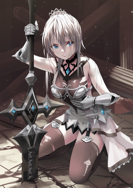 Anime picture 1157x1637 with king's raid scarlet (king's raid) mueririko single long hair tall image looking at viewer fringe breasts blue eyes light erotic hair between eyes large breasts holding silver hair full body kneeling torn clothes crack girl
