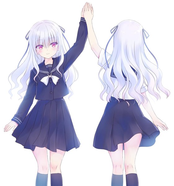 Anime picture 1280x1367 with original na-ga long hair tall image looking at viewer simple background smile white background multiple girls white hair long sleeves pleated skirt pink eyes arm up from behind short sleeves wavy hair dual persona kneepits girl