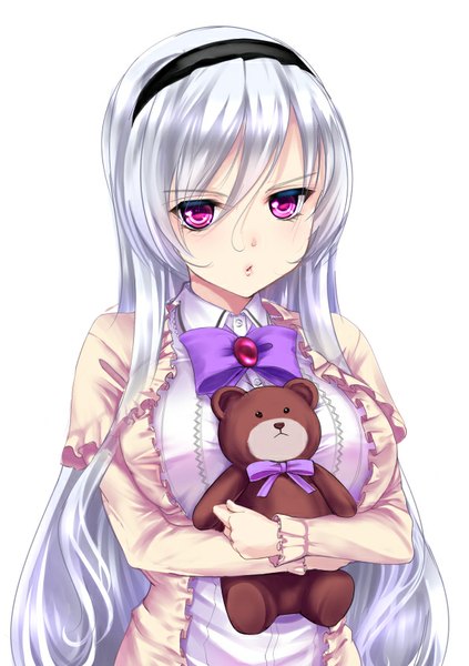 Anime picture 595x842 with original ponytail korosuke single long hair tall image looking at viewer fringe breasts simple background large breasts white background silver hair white hair parted lips pink eyes hug girl bow animal headband