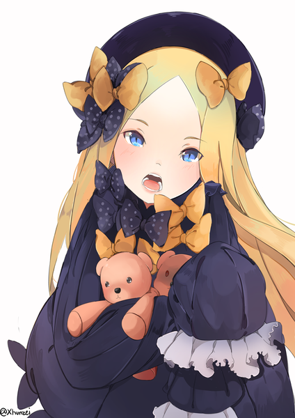 Anime picture 2894x4093 with fate (series) fate/grand order abigail williams (fate) xhunzei single long hair tall image looking at viewer blush highres open mouth blue eyes blonde hair simple background white background signed upper body long sleeves head tilt twitter username