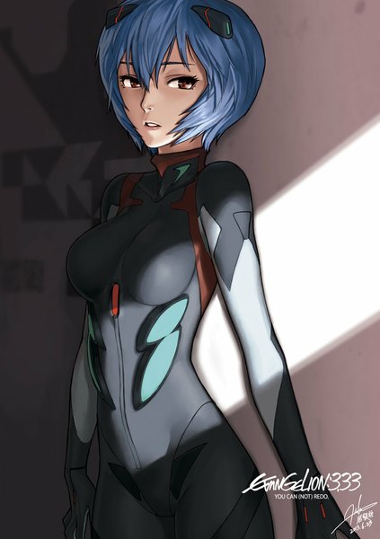 Anime picture 750x1064 with neon genesis evangelion gainax ayanami rei single tall image short hair breasts light erotic red eyes standing blue hair looking away lips skin tight girl pilot suit