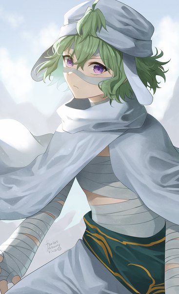 Anime picture 2004x3276 with genshin impact collei (genshin impact) kinaco 4738 single tall image fringe highres short hair hair between eyes purple eyes signed looking away green hair flat chest girl cape bandage (bandages) cap