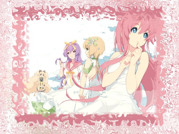 Anime picture 1280x960 with vocaloid megurine luka seeu kkuem long hair short hair blue eyes blonde hair standing white background bare shoulders multiple girls green eyes pink hair purple hair pink eyes from behind grey eyes sleeveless back