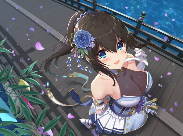 Anime picture 1365x1020 with idolmaster idolmaster cinderella girls idolmaster cinderella girls starlight stage sagisawa fumika azuki yui single long hair looking at viewer blush fringe breasts open mouth blue eyes light erotic hair between eyes brown hair large breasts bare shoulders ponytail from above