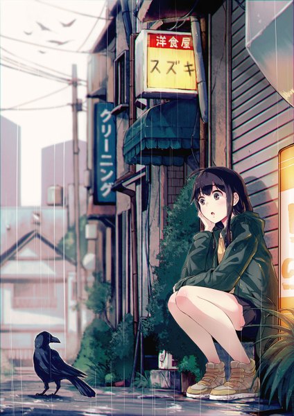 Anime picture 1000x1414 with original 40hara single long hair tall image black hair sitting brown eyes ahoge city rain girl skirt miniskirt animal water shoes jacket bird (birds) building (buildings)