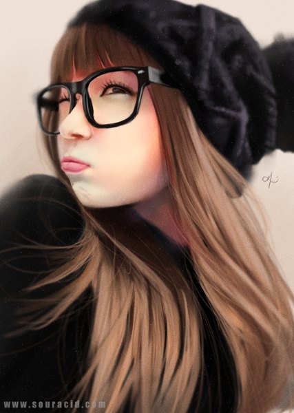 Anime picture 666x935 with original souracid (artist) single long hair tall image fringe simple background brown hair brown eyes signed one eye closed lips blurry realistic portrait looking up dust puffy cheeks girl glasses