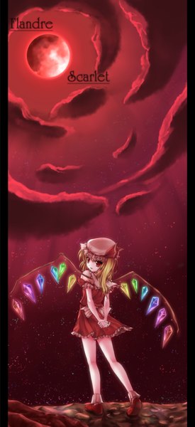 Anime picture 1600x3480 with touhou flandre scarlet k-sk style single tall image looking at viewer short hair blonde hair red eyes cloud (clouds) looking back from behind night sky one side up red moon pillarboxed girl wings shoes frills
