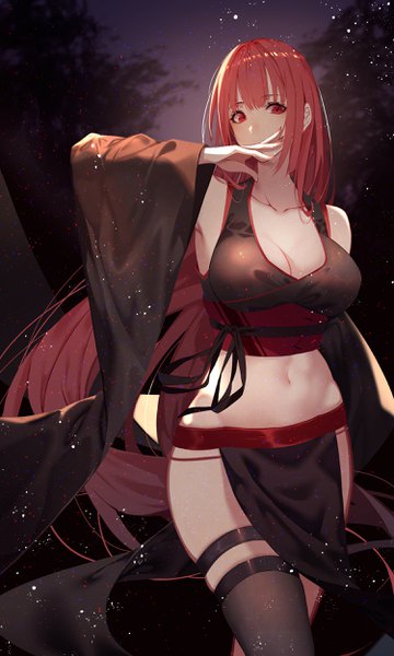 Anime-Bild 1500x2500 mit original kisui single long hair tall image looking at viewer blush fringe breasts light erotic red eyes large breasts bare shoulders cleavage red hair nail polish fingernails night bare belly midriff