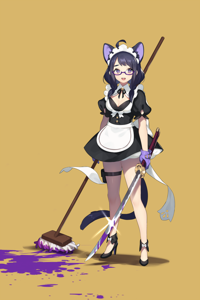 Anime picture 1333x2000 with original ni02 (asahi nini) single long hair tall image looking at viewer fringe open mouth black hair simple background standing purple eyes animal ears braid (braids) sparkle maid puffy sleeves twin braids girl gloves