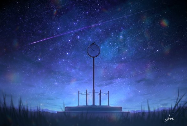 Anime picture 1200x812 with original alu.m (alpcmas) signed outdoors night depth of field night sky no people scenic shooting star plant (plants) star (stars) grass clock