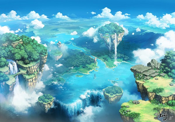 Anime picture 1125x788 with original kyomu (artist) sky cloud (clouds) mountain no people landscape river nature waterfall plant (plants) tree (trees) water forest stone (stones)