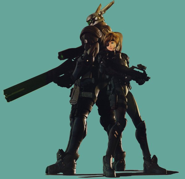 Anime picture 3583x3468 with appleseed appleseed exmachina deunan knute briareos hecatonchires fringe highres short hair simple background brown hair standing looking away absurdres aqua eyes scan shadow aqua background girl weapon hairband armor