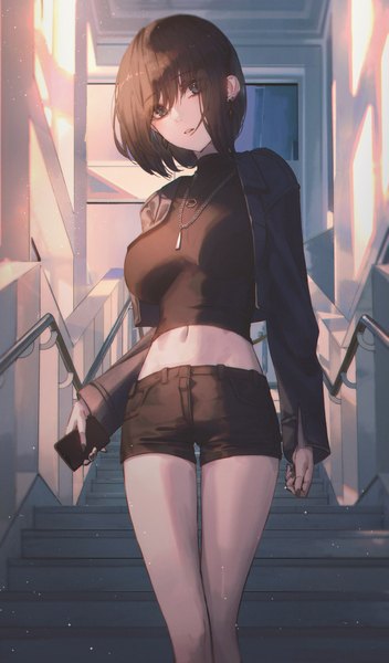 Anime picture 3523x6000 with original domi (hyaku8795) single tall image fringe highres short hair blue eyes black hair standing holding looking away absurdres long sleeves nail polish parted lips head tilt fingernails open jacket midriff