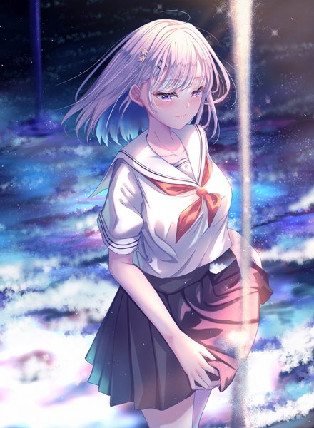 Anime picture 1063x1450 with original kinom (sculpturesky) single tall image blush short hair smile purple eyes looking away silver hair pleated skirt multicolored hair from above colored inner hair skirt hold girl skirt uniform serafuku bobby pin