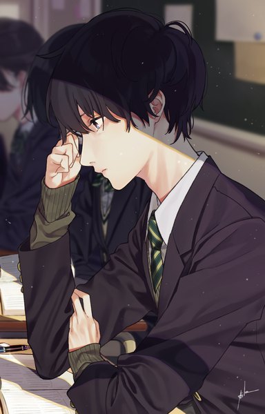 Anime picture 1600x2500 with original aiko (aiko 54) tall image short hair black hair sitting signed looking away profile black eyes blurry shadow depth of field solo focus classroom boy uniform school uniform necktie book (books)