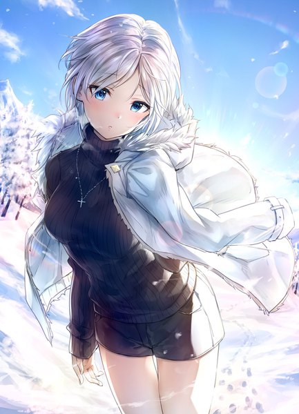 Anime picture 1426x1976 with idolmaster idolmaster cinderella girls anastasia (idolmaster) takeashiro single tall image looking at viewer blush fringe short hair blue eyes sky silver hair open jacket :o fur trim winter snow clothes on shoulders tsurime