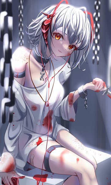 Anime picture 1573x2608 with arknights w (arknights) azuma (sospower73) single tall image looking at viewer fringe short hair breasts sitting holding silver hair ahoge bent knee (knees) head tilt horn (horns) blurry off shoulder orange eyes blood on face