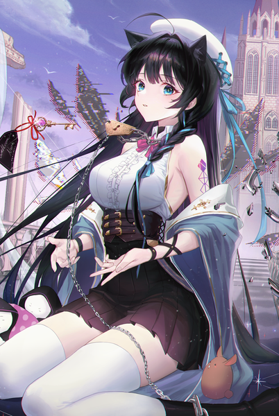 Anime picture 2541x3789 with original hyun9164 single long hair tall image looking at viewer fringe highres breasts blue eyes black hair sitting bare shoulders animal ears sky cloud (clouds) ahoge outdoors braid (braids) parted lips