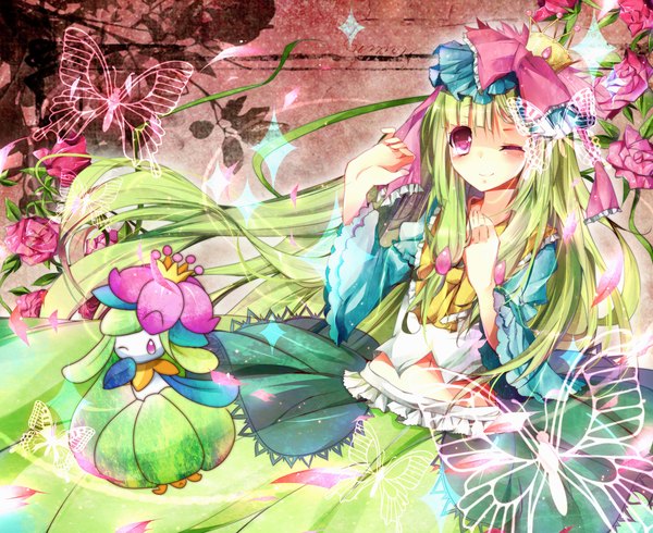 Anime picture 1200x980 with pokemon nintendo lilligant homaderi single long hair red eyes one eye closed green hair wink gen 5 pokemon girl dress bow hat frills insect butterfly