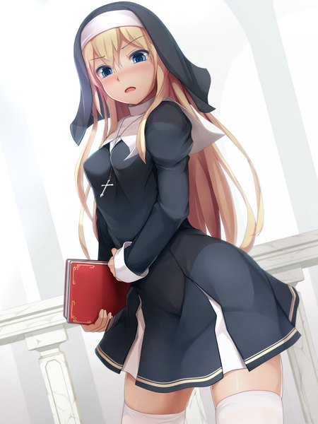 Anime picture 1125x1500 with original eto single long hair tall image looking at viewer blush open mouth blue eyes blonde hair nun girl thighhighs white thighhighs book (books)
