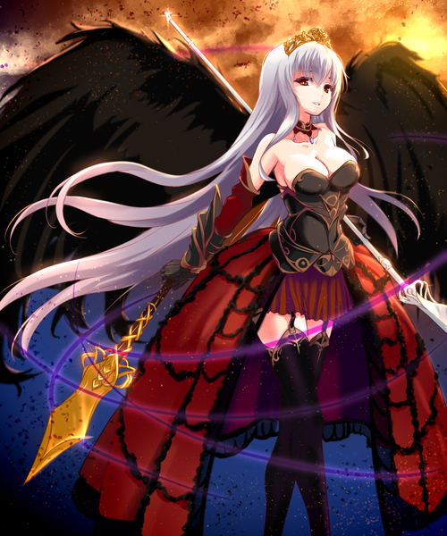 Anime picture 1250x1500 with shingoku no valhalla gate yuuki yuu single long hair tall image fringe breasts open mouth light erotic red eyes large breasts standing bare shoulders grey hair black wings girl thighhighs gloves hair ornament weapon
