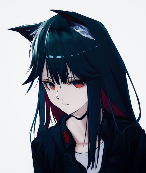 Anime picture 922x1093 with arknights texas (arknights) mackia single long hair tall image black hair simple background red eyes animal ears multicolored hair grey background two-tone hair portrait colored inner hair girl choker