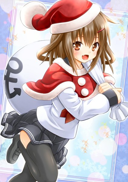 Anime picture 779x1104 with kantai collection ikazuchi destroyer sinnosuke single tall image looking at viewer blush short hair open mouth brown hair brown eyes christmas girl thighhighs skirt black thighhighs hat sailor suit santa claus hat