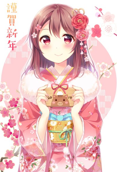 Anime picture 1118x1645 with original hazuki (sutasuta) single long hair tall image looking at viewer blush fringe smile red eyes brown hair holding traditional clothes japanese clothes floral print new year floral background 2019 plum blossoms girl