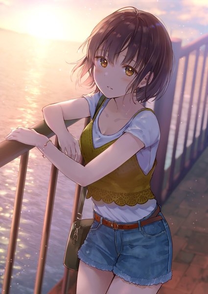 Anime-Bild 708x1000 mit original sorai mahiru (fukahire) fukahire (ruinon) single tall image looking at viewer blush fringe short hair breasts hair between eyes brown hair standing brown eyes sky cleavage cloud (clouds) outdoors parted lips from above