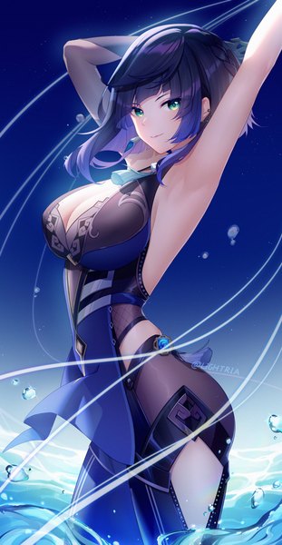 Anime picture 2480x4790 with genshin impact yelan (genshin impact) lightria single tall image looking at viewer fringe highres short hair breasts light erotic black hair smile large breasts standing green eyes signed cleavage blunt bangs mole