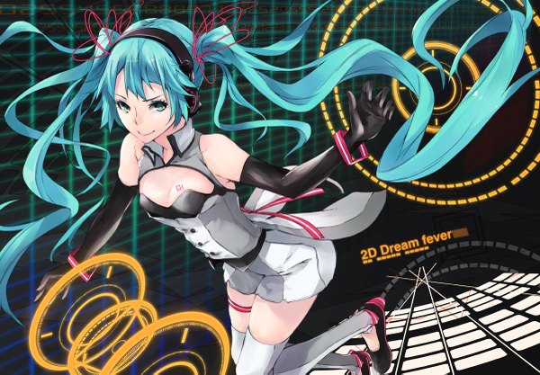 Anime picture 1200x835 with vocaloid 2d dream fever (vocaloid) nijigen dream fever (vocaloid) hatsune miku mille (dieci) single long hair fringe breasts smile twintails bare shoulders aqua eyes aqua hair tattoo alternate costume girl thighhighs gloves elbow gloves