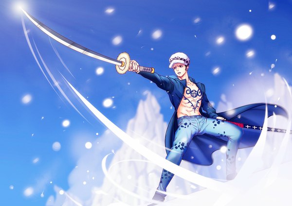 Anime picture 1500x1060 with one piece toei animation trafalgar law an ri single short hair open mouth black hair standing holding looking away sky black eyes open clothes teeth tattoo outstretched arm snow muscle abs