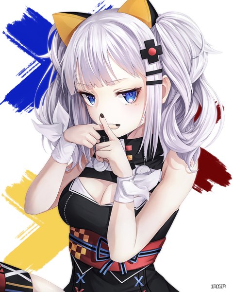 Anime picture 1200x1500 with virtual youtuber the moon studio kaguya luna inosia single long hair tall image looking at viewer blush fringe breasts blue eyes simple background standing white background twintails bare shoulders signed payot cleavage