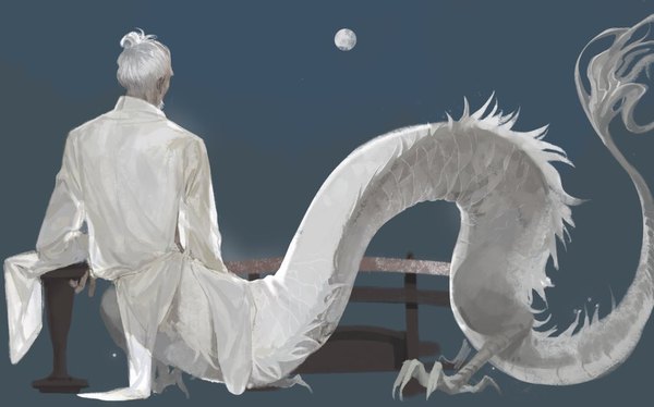 Anime picture 1024x639 with sekiro: shadows die twice from software isshin ashina mantangfeng single short hair wide image white hair from behind hair bun (hair buns) old man monster boy boy moon full moon