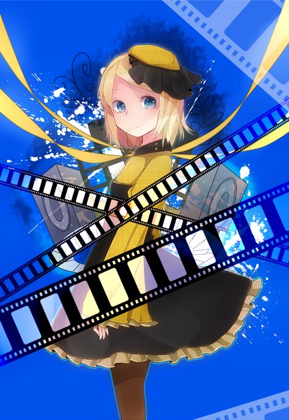 Anime picture 840x1222 with vocaloid kagamine rin itamidome single tall image looking at viewer short hair blue eyes blonde hair abstract film strip girl dress ribbon (ribbons) pantyhose frills bonnet speakers