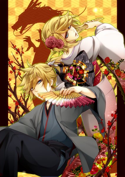 Anime picture 1061x1500 with vocaloid kagamine rin kagamine len rico (fbn3) tall image short hair blue eyes blonde hair sitting ponytail nail polish traditional clothes japanese clothes looking back hair flower from behind couple floral print twins back to back