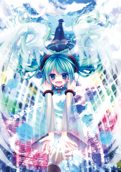 Anime picture 1200x1697 with vocaloid hatsune miku mikazuki sara long hair tall image looking at viewer highres twintails cloud (clouds) very long hair aqua eyes aqua hair wide sleeves tattoo zettai ryouiki mountain transparent girl thighhighs skirt