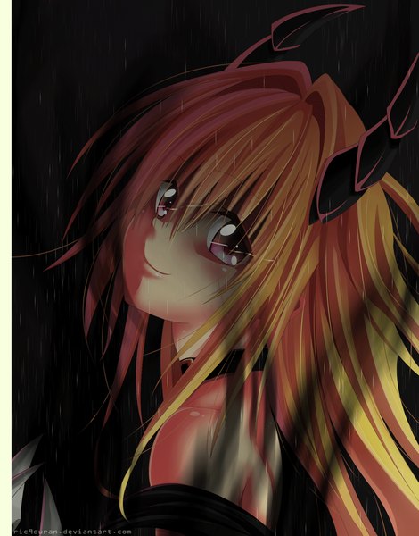 Anime picture 1500x1913 with toloveru toloveru darkness xebec konjiki no yami ric9duran single long hair tall image blonde hair smile bare shoulders pink eyes looking back horn (horns) coloring portrait dark background rain girl