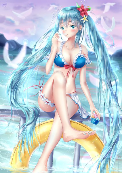 Anime picture 2896x4096 with vocaloid hatsune miku dicedkey single tall image looking at viewer blush fringe highres breasts light erotic hair between eyes sitting twintails bare shoulders holding signed sky cloud (clouds) bent knee (knees)