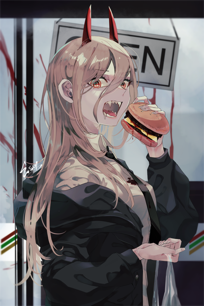 Anime picture 909x1360 with chainsaw man mappa power (chainsaw man) esion single long hair tall image looking at viewer fringe open mouth hair between eyes brown hair yellow eyes upper body horn (horns) teeth sharp teeth girl food hamburger