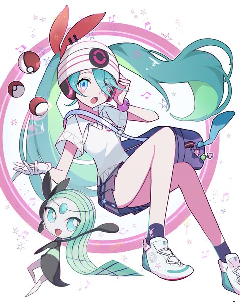 Anime picture 1633x2048 with pokemon vocaloid nintendo project voltage hatsune miku meloetta psychic miku (project voltage) murumuru (pixiv51689952) single long hair tall image looking at viewer fringe open mouth blue eyes twintails full body pleated skirt green hair hair over one eye