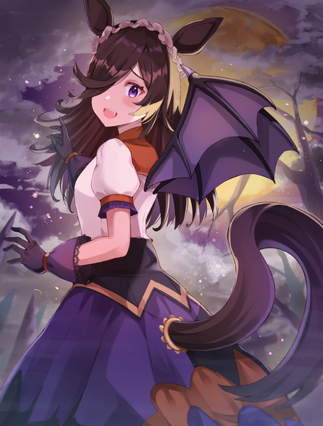 Anime picture 2018x2660 with umamusume rice shower (umamusume) rice shower (make up vampire!) (umamusume) haru yu single long hair tall image fringe highres open mouth brown hair purple eyes animal ears cloud (clouds) tail animal tail looking back from behind hair over one eye short sleeves