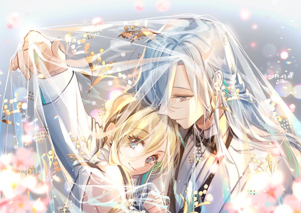 Anime picture 1000x707 with original interitio long hair looking at viewer fringe blue eyes blonde hair hair between eyes signed silver hair upper body head tilt profile arm up light smile grey eyes couple cherry blossoms dated looking down