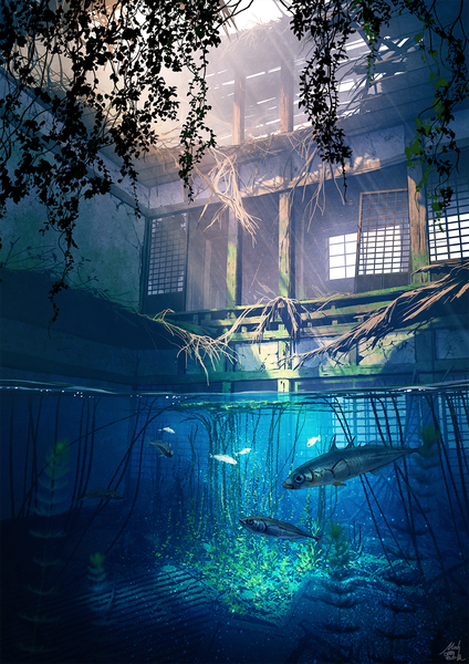 Anime picture 926x1310 with original mocha (cotton) tall image signed indoors sunlight no people scenic ruins overgrown animal water window fish (fishes)
