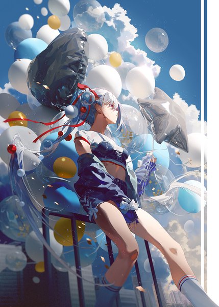 Anime picture 1072x1500 with original fajyobore single tall image fringe hair between eyes red eyes sitting twintails holding looking away sky silver hair cloud (clouds) outdoors long sleeves very long hair profile from behind off shoulder